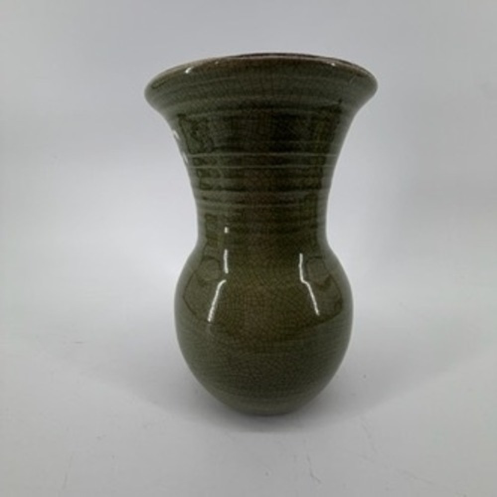 Rowe Pottery Works Olive Green Crackle Glaze Flared Stoneware Vase 8.25in